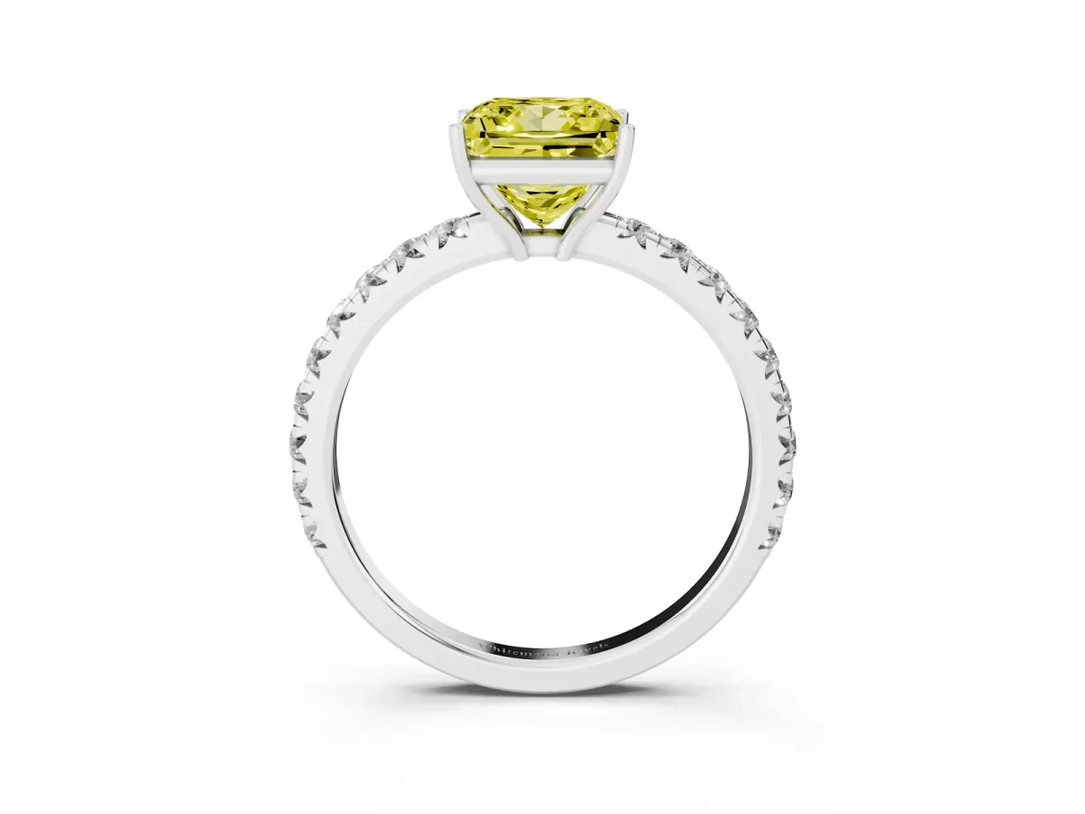 Fancy Yellow Princess Cut Diamond Pavé Solitaire Engagement Ring with Four-Prong Setting Silver