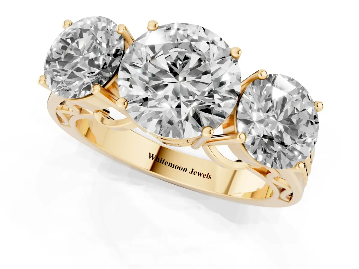 Round Cut Diamond Three-Stone Ring with Prong Setting and Textured Band Yellow gold