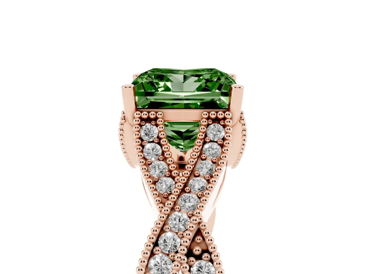 Fancy Green Princess Cut Cut Diamond Twisted Band with Milgrain Pave Setting and Four-Prong Setting Rose gold