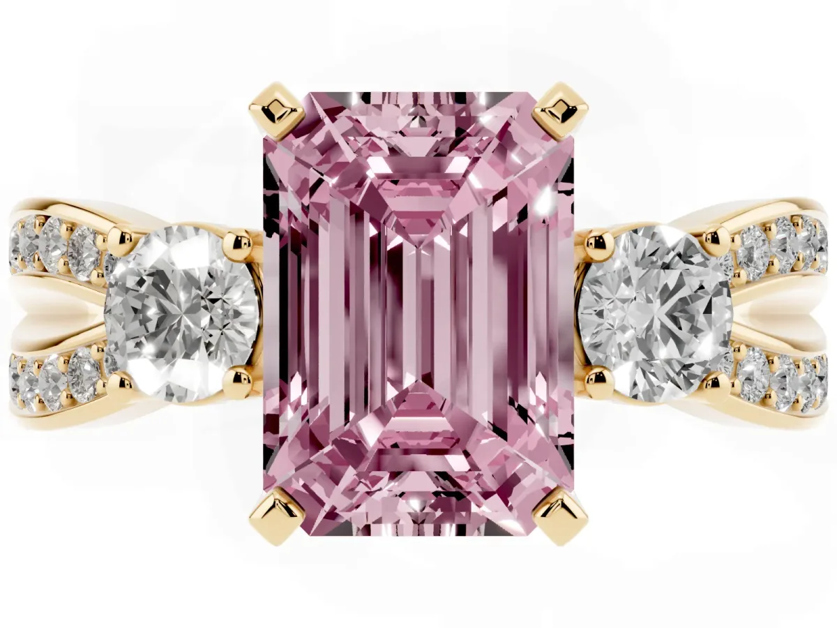 Fancy Pink Three-Stone Emerald Cut Cut Diamond Twist Band with Prong Setting Yellow gold