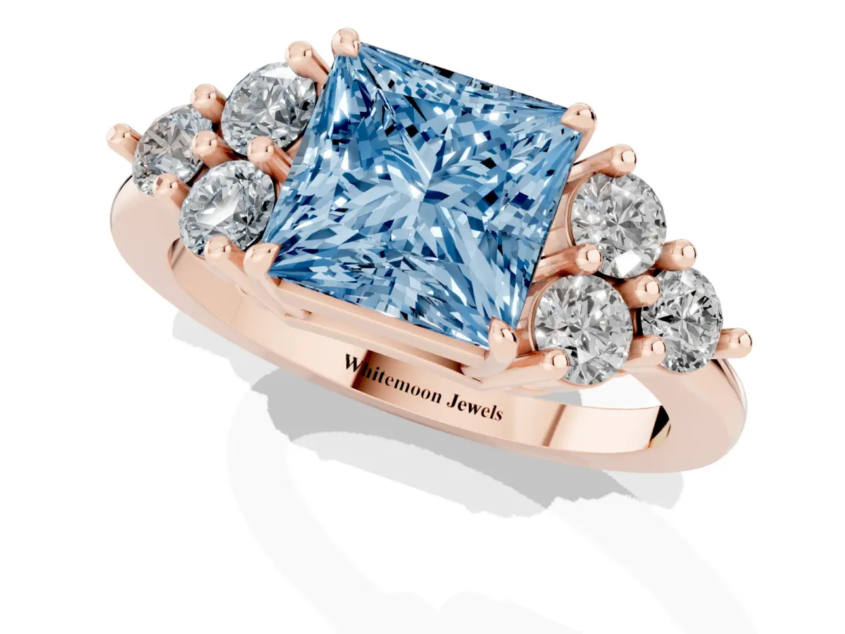 Fancy Blue Princess Cut Brilliant Diamond Cluster Accent Solitaire Ring with Prong Setting Rose gold