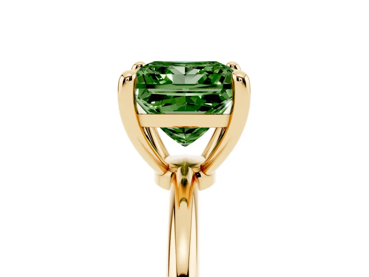 Fancy Green Princess Cut Solitaire Diamond Ring with 4-Prong Setting on a Classic Band Yellow gold