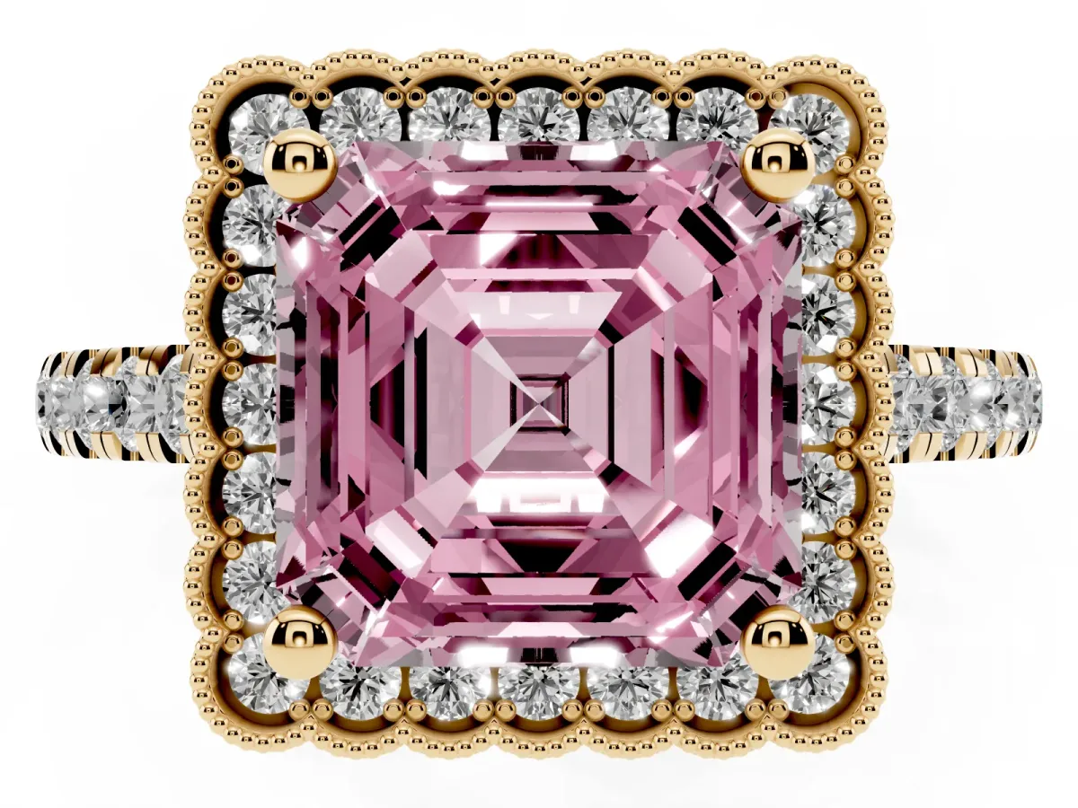 Fancy Pink Asscher Cut Cut Diamond Milgrain Floral Halo Engagement Ring with Pavé Band Yellow gold