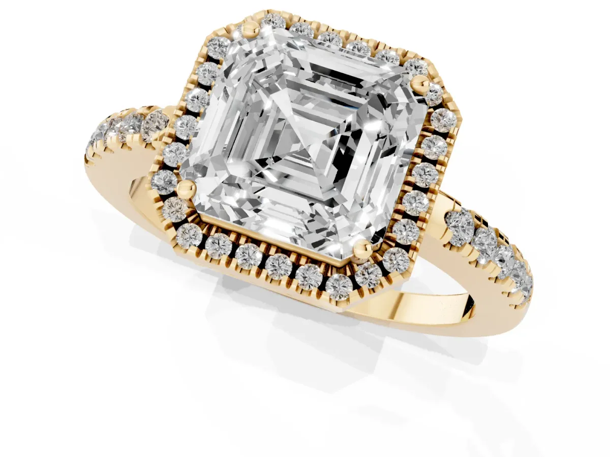 Asscher Cut Halo Diamond Engagement Ring with Pavé Band and Four-Prong Setting Yellow gold