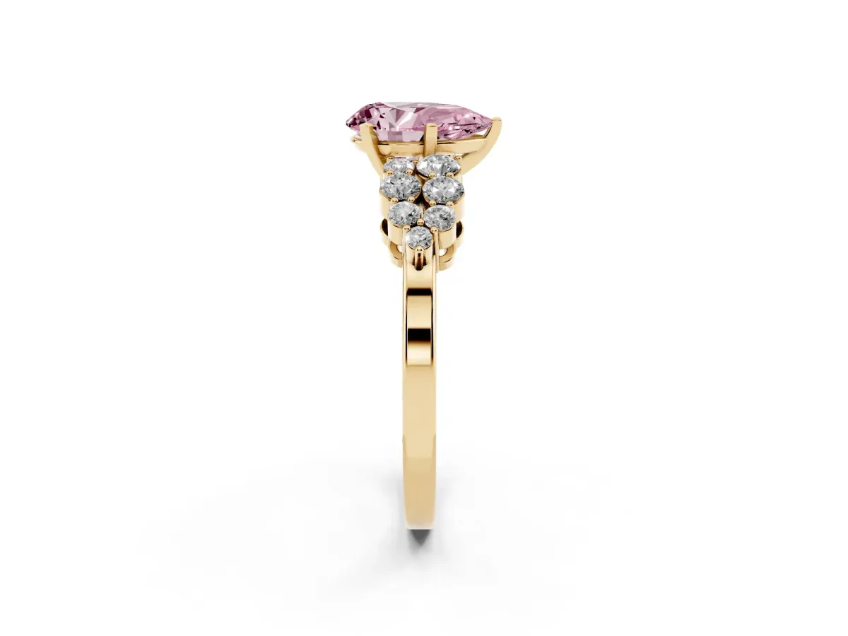 Fancy Pink Pear Cut Cluster Diamond Engagement Ring with Pavé Band and Four-Prong Setting Yellow gold