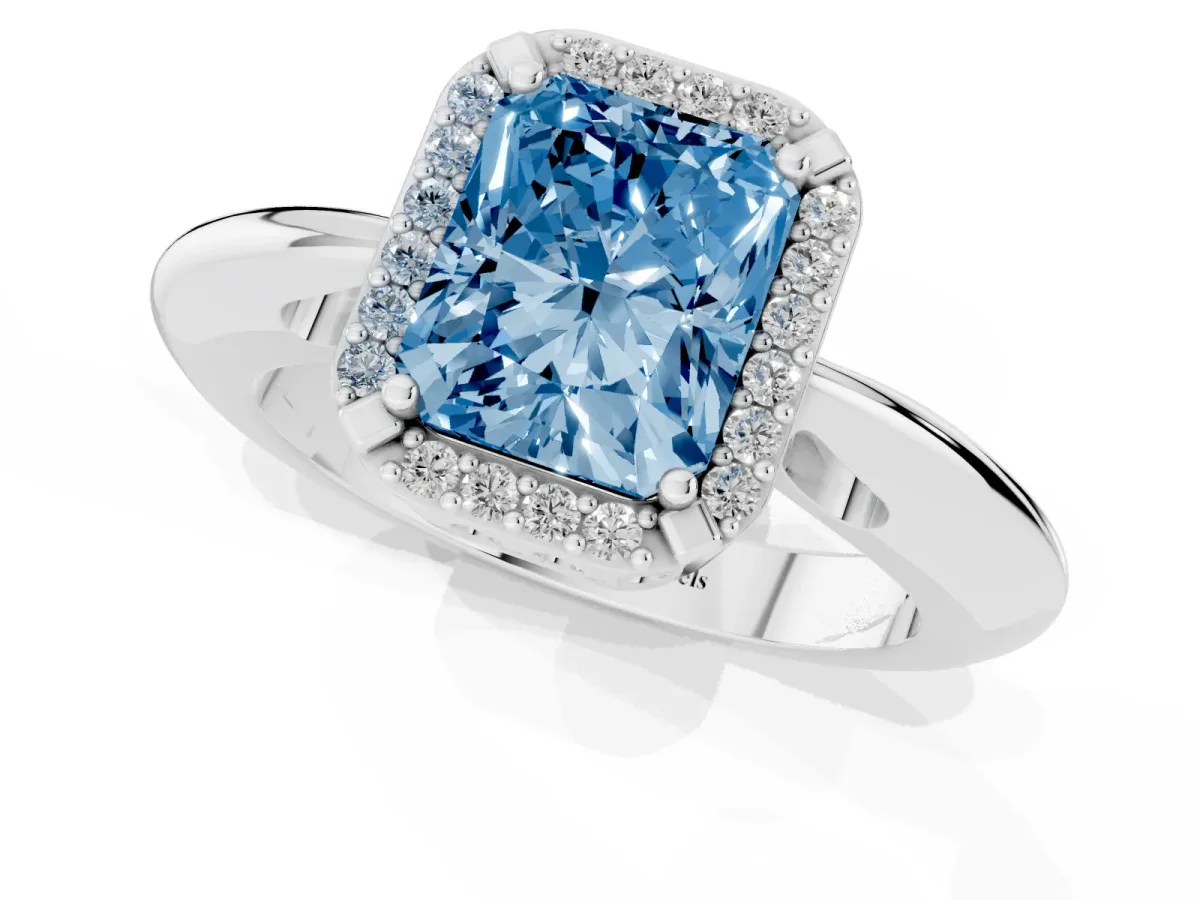 Fancy Blue Radiant Cut Cut Diamond Halo Engagement Ring with Split Shank and Four-Prong Setting Silver