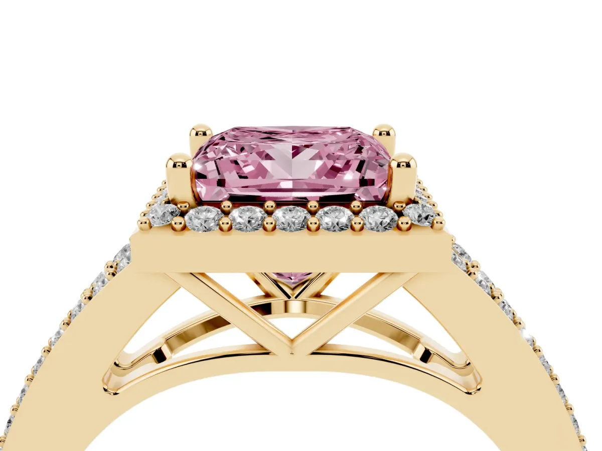 Fancy Pink Princess Cut Halo Split Shank Diamond Ring with Prong Setting Yellow gold