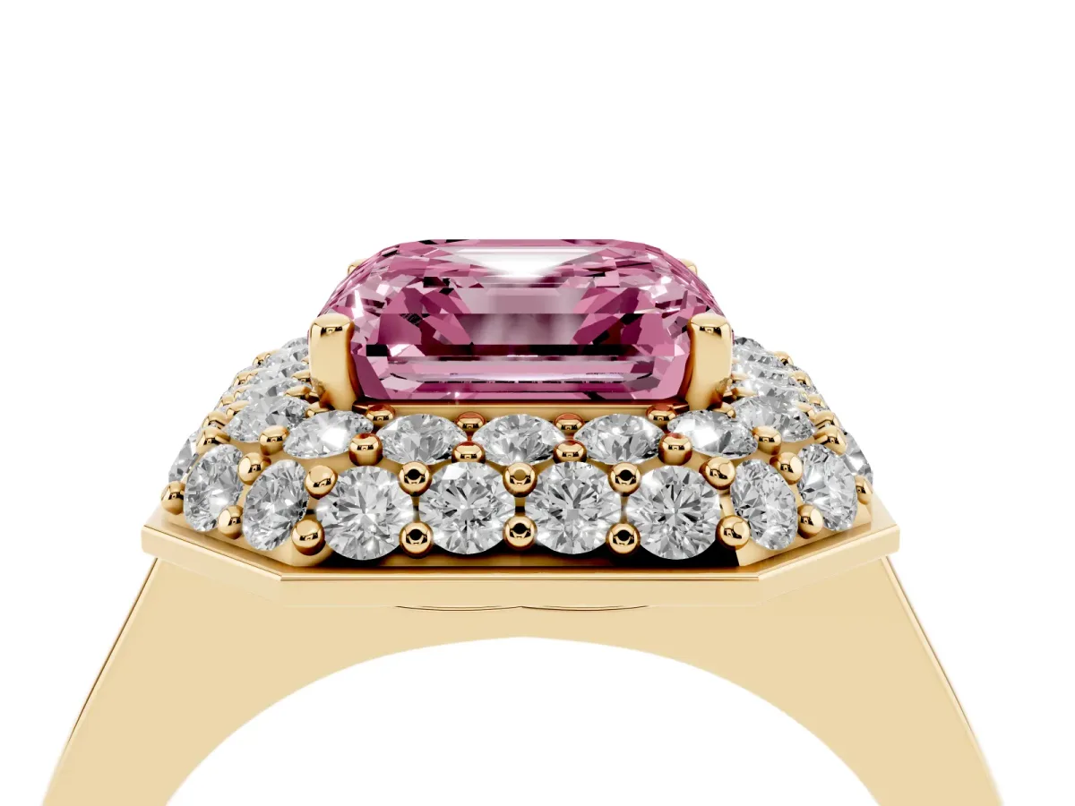 Fancy Pink Asscher Cut Halo Diamond Engagement Ring with Solitaire Band and Four-Prong Setting Yellow gold