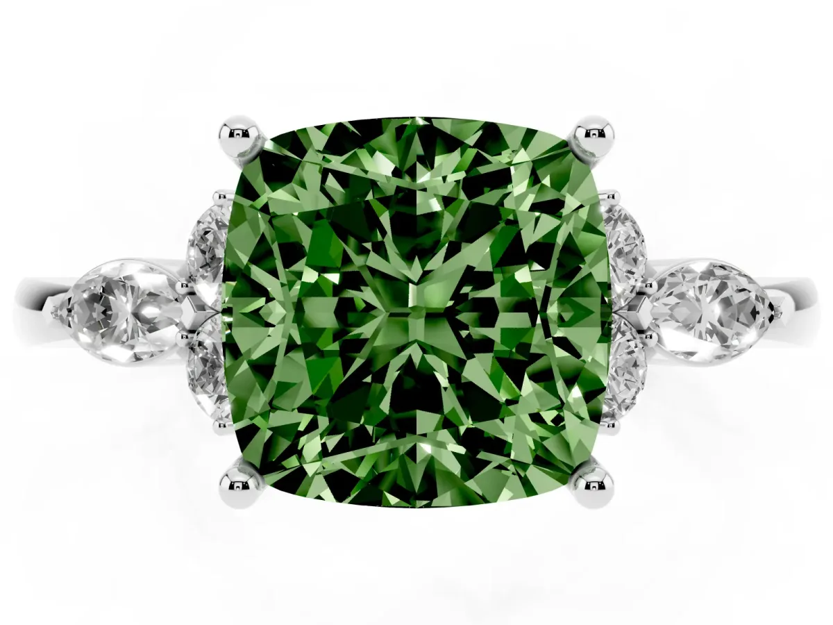 Fancy Green Cushion Cut Brilliant Diamond Solitaire Ring with Pear Side Stones and Four-Prong Setting Platinum