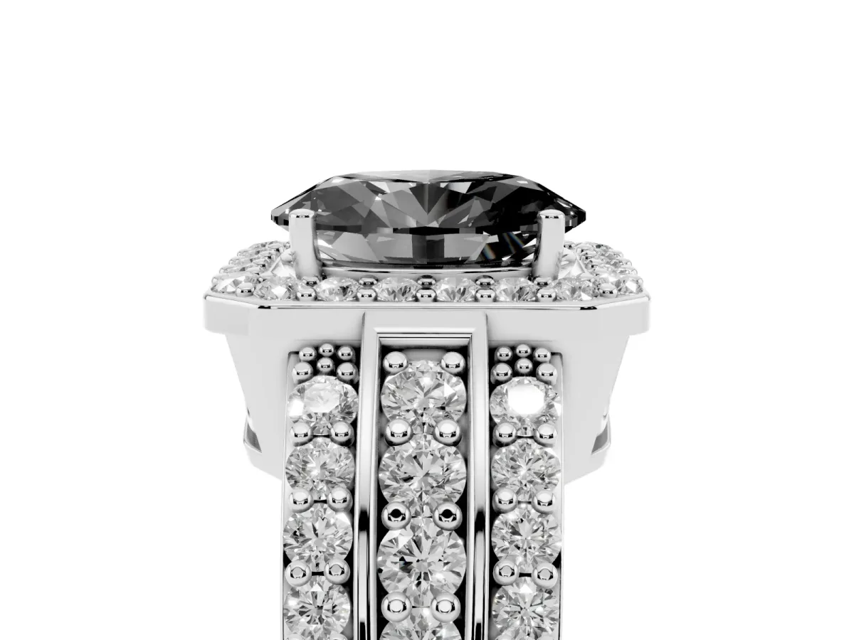 Fancy Black Oval Cut Halo Diamond Ring with Round Split Shank and Prong Setting Platinum