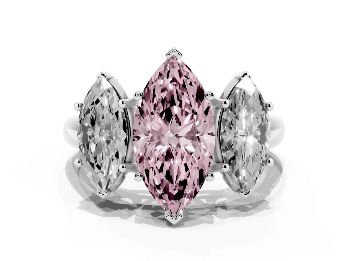 Fancy Pink Three-Stone Marquise Cut Diamond Engagement Ring with Prong Setting Platinum