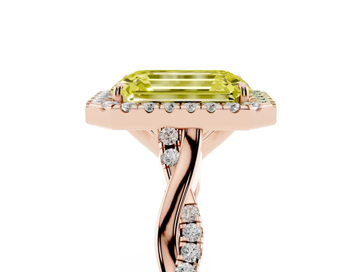 Fancy Yellow Emerald Cut Halo Twist Band Solitaire Ring Rose gold