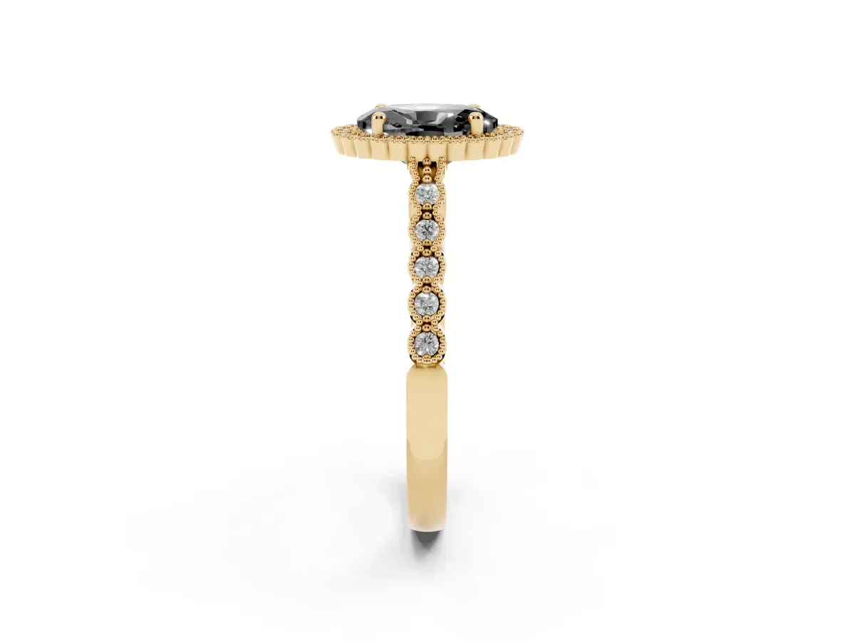 Fancy Black Oval Cut Cut Halo Pavé Solitaire Ring with Milgrain Band Yellow gold