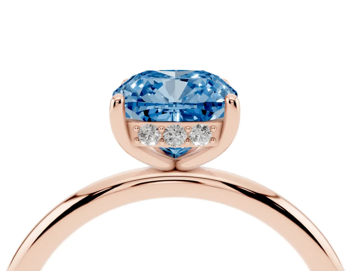 Fancy Blue Cushion Cut Solitaire Diamond Ring with a Classic Band and Four-Prong Setting Rose gold