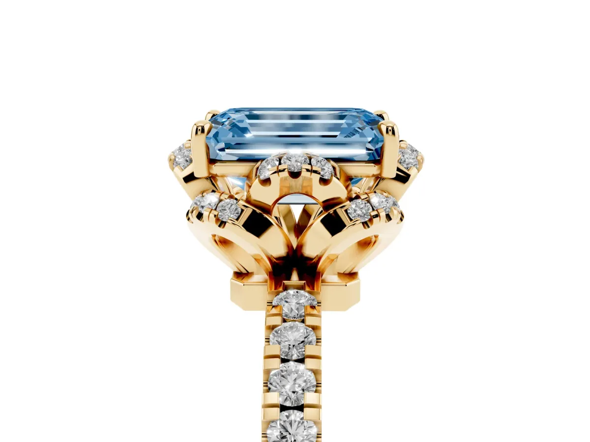 Fancy Blue Emerald Cut Halo Diamond Pave Band Ring with Four-Prong Setting Yellow gold