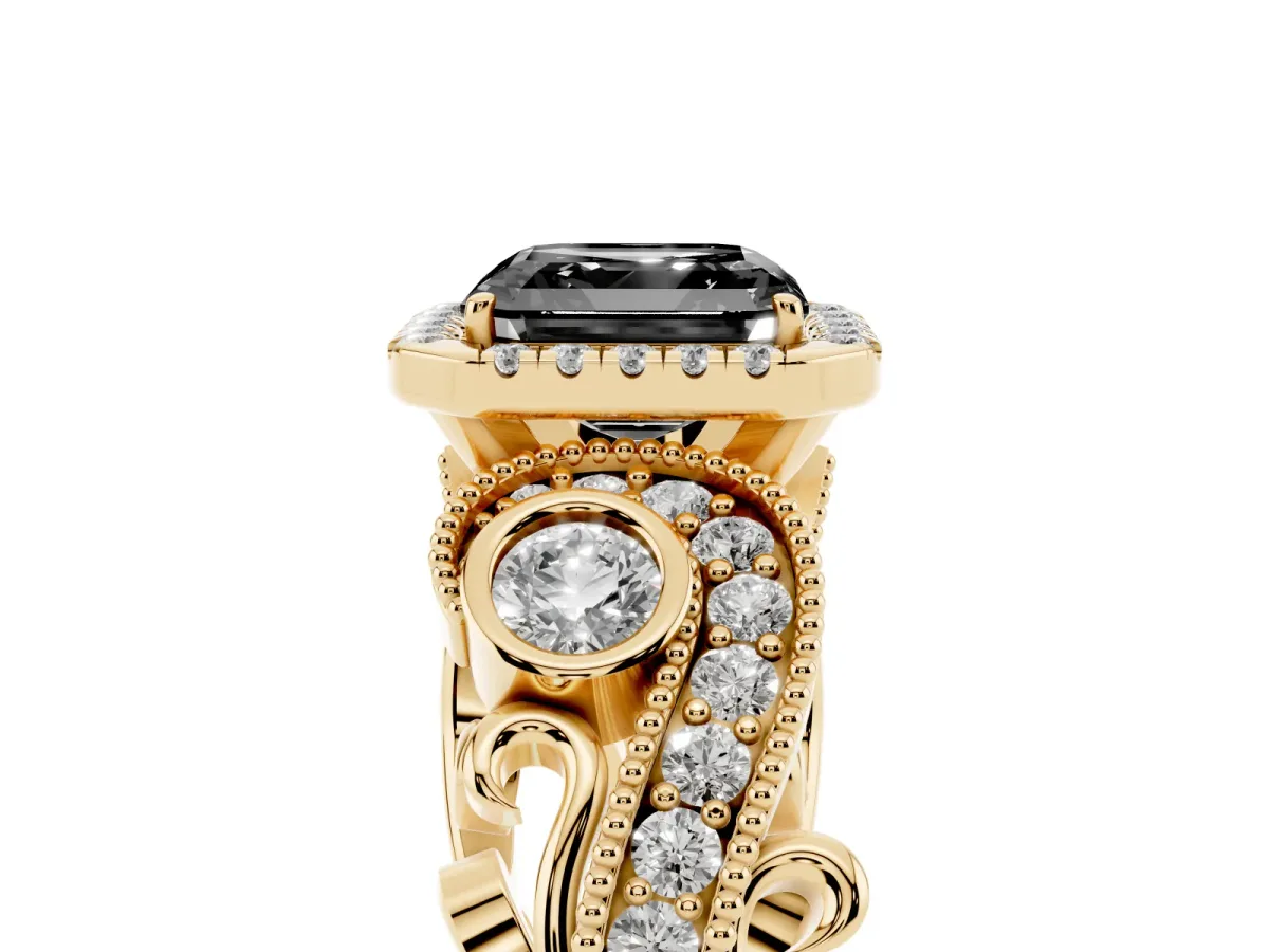 Fancy Black Asscher Cut Halo Diamond Ring with Milgrain and Bezel Accents on a Split Shank Band Yellow gold