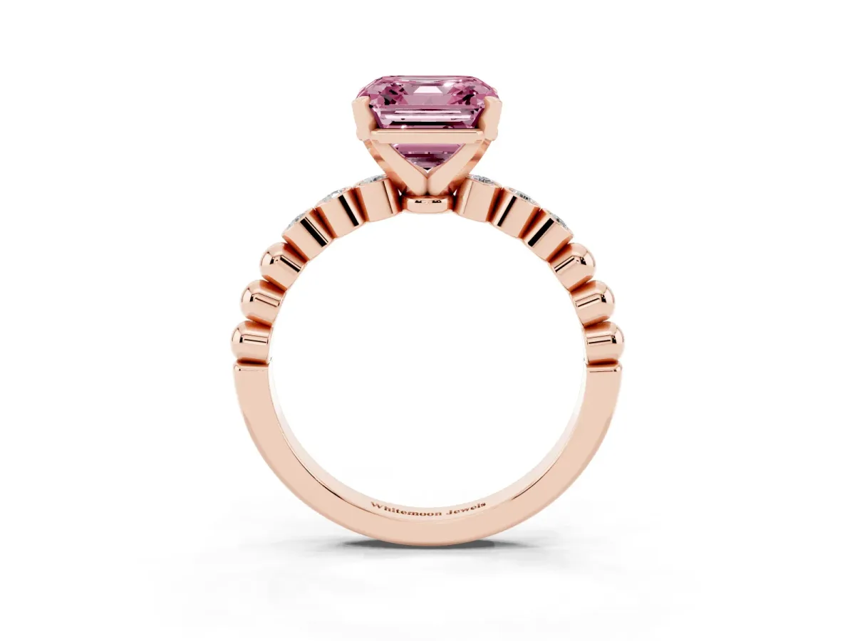 Fancy Pink Asscher Cut Solitaire Bezel Accent Diamond Engagement Ring with Beaded Band and Four-Prong Setting Rose gold