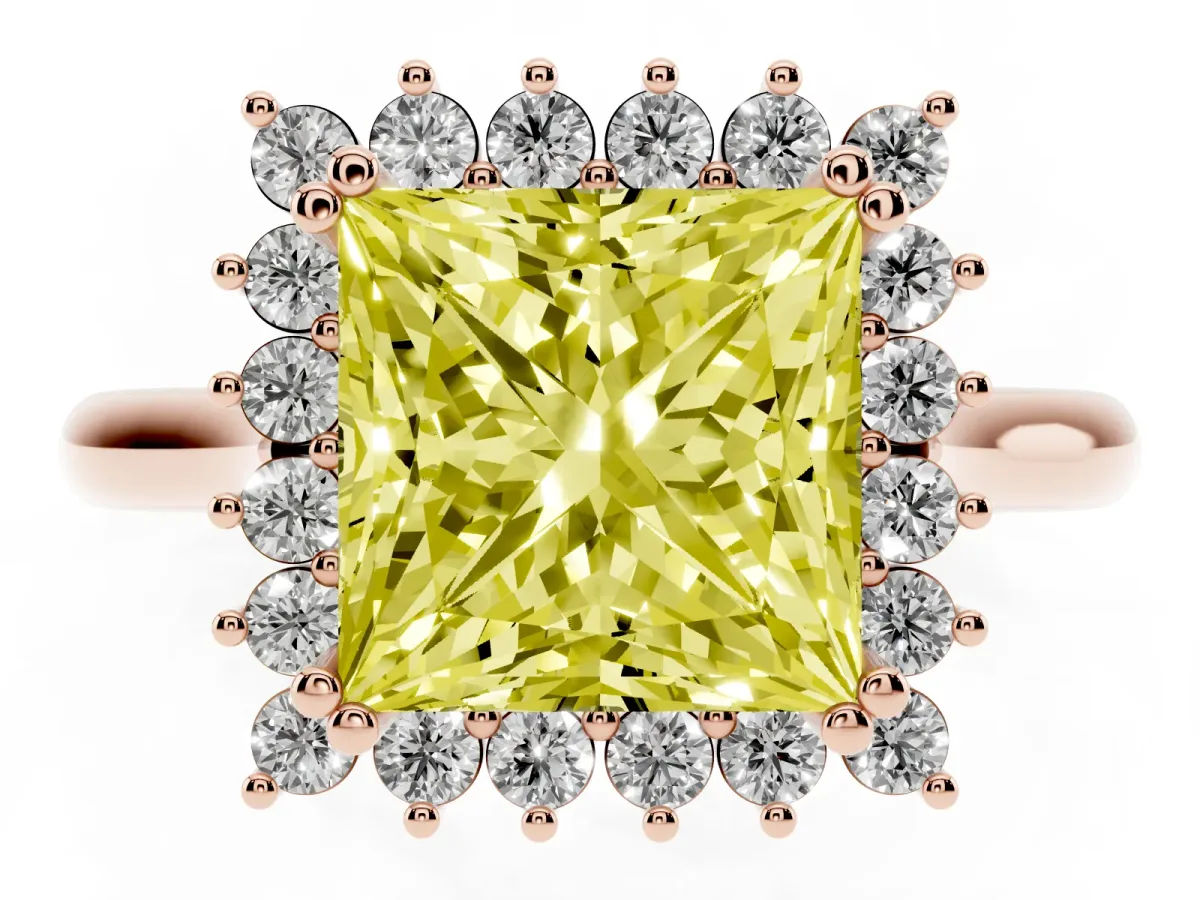 Fancy Yellow Princess Cut Cut Diamond Halo Ring with Solitaire Band and Prong Setting Rose gold