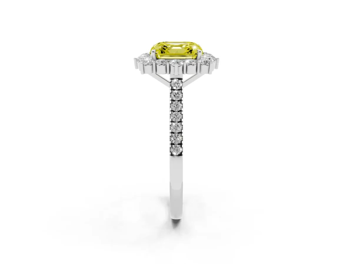 Fancy Yellow Asscher Cut Halo Diamond Ring with Pavé Band and Prong Setting Silver