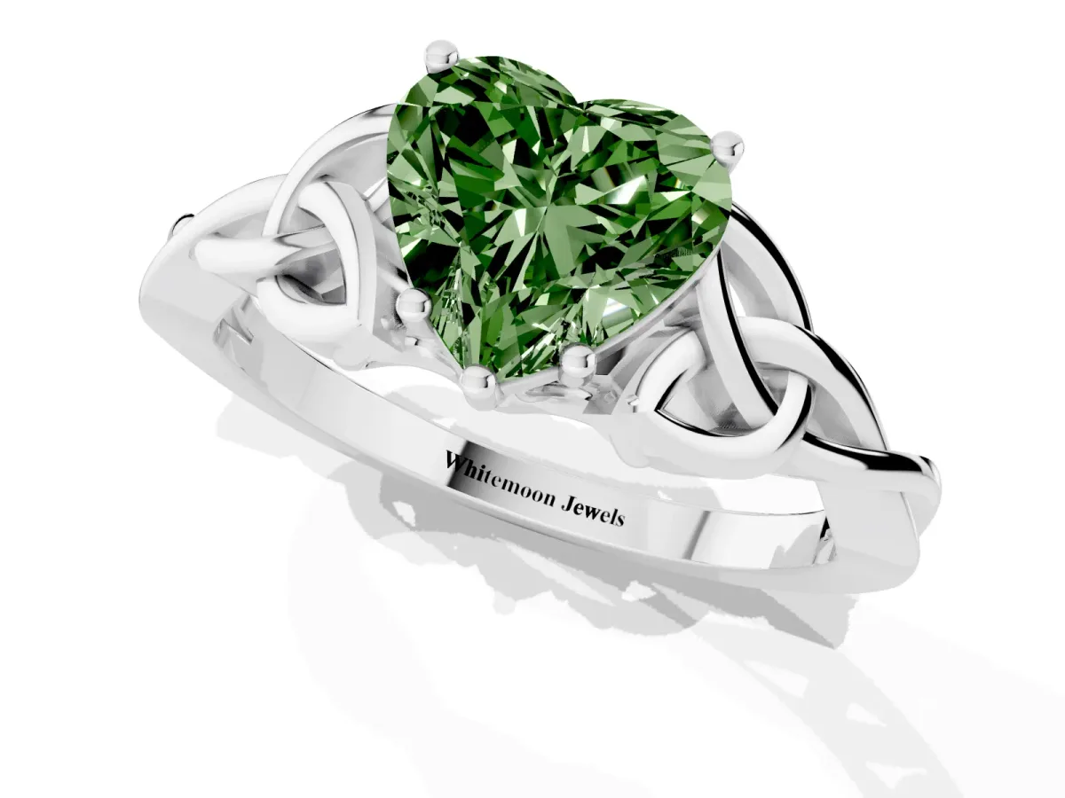 Fancy Green Heart Cut Diamond Solitaire Engagement Ring with Celtic Knot Band and Four-Prong Setting White gold