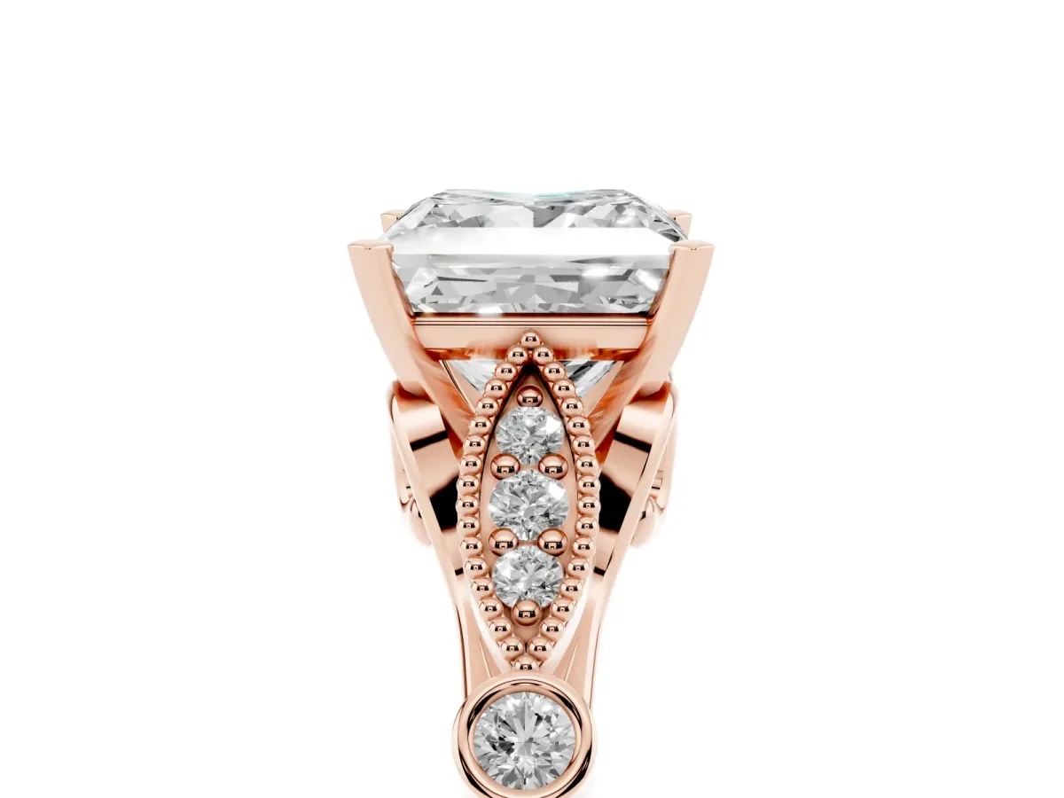 Princess Cut Cut Diamond with Milgrain Marquise and Bezel Accents on a Solitaire Band with Prong Setting Rose gold