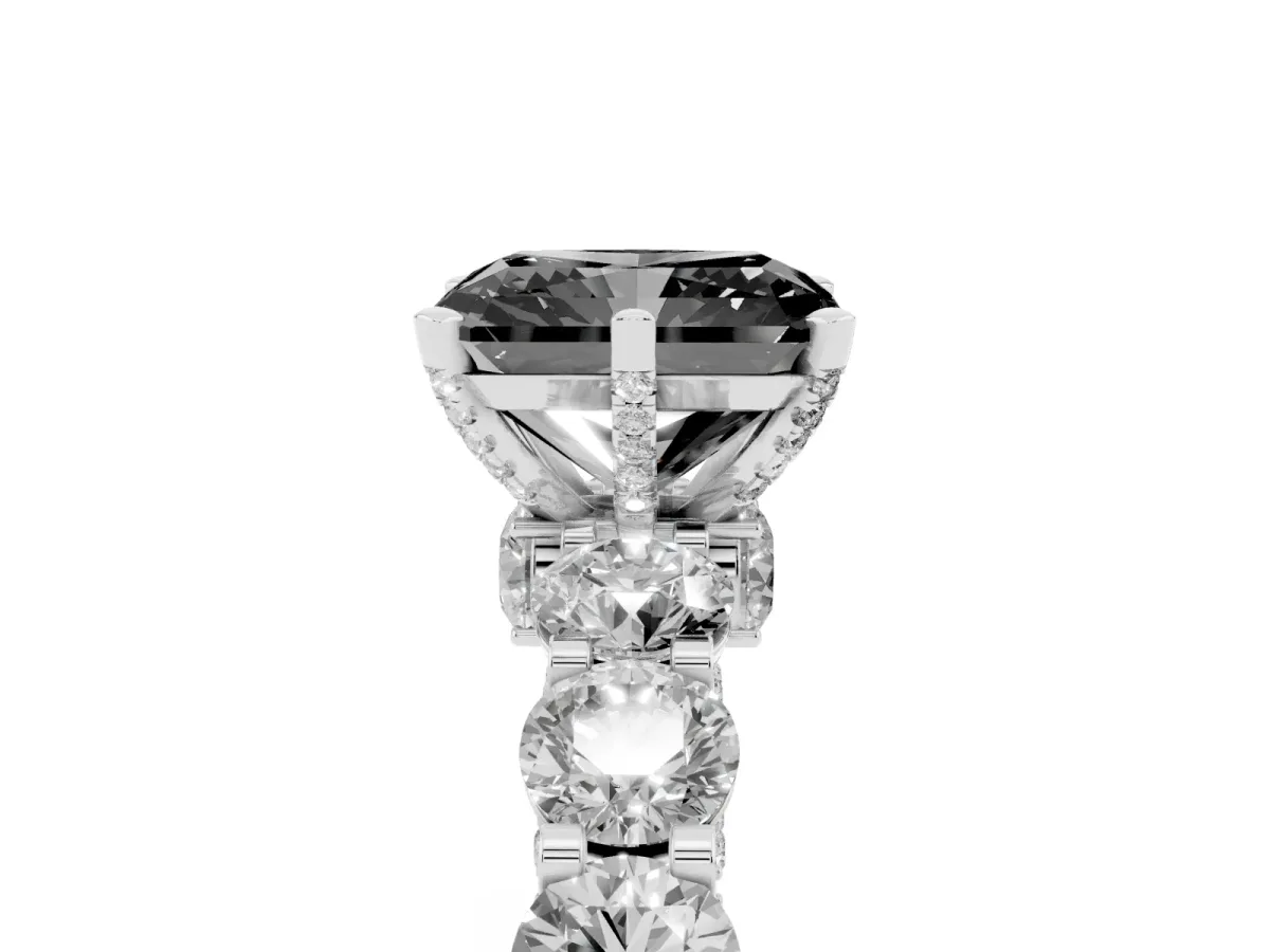 Fancy Black Radiant Cut Diamond Side Stone Engagement Ring with Four-Prong Setting Silver