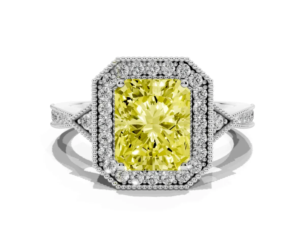 Fancy Yellow Radiant Cut Halo Round Diamond Milgrain Pave Engagement Ring Platinum