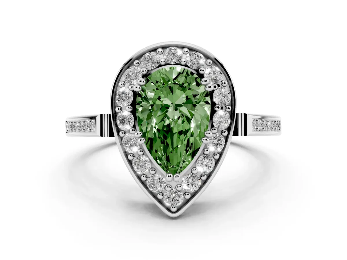 Fancy Green Pear Cut Diamond Halo Ring with Split Shank and Four-Prong Setting Silver