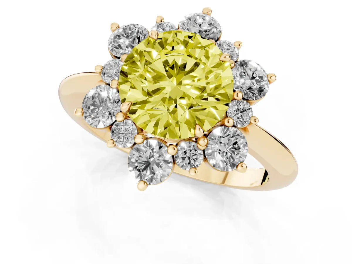 Fancy Yellow Round Cut Diamond Cluster Halo Ring with Solitaire Band and Four-Prong Setting Yellow gold