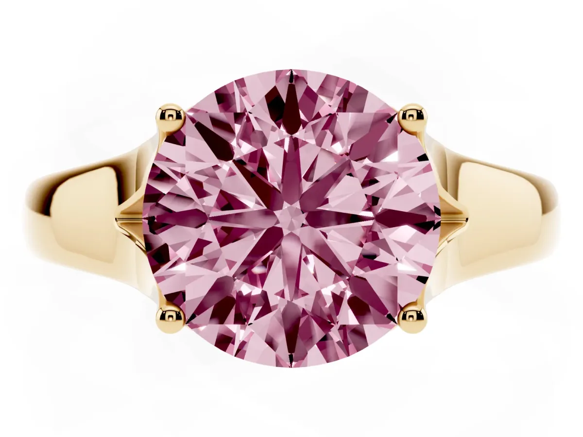 Fancy Pink Round Cut Solitaire Diamond Ring with Cathedral Band and Four-Prong Setting Yellow gold