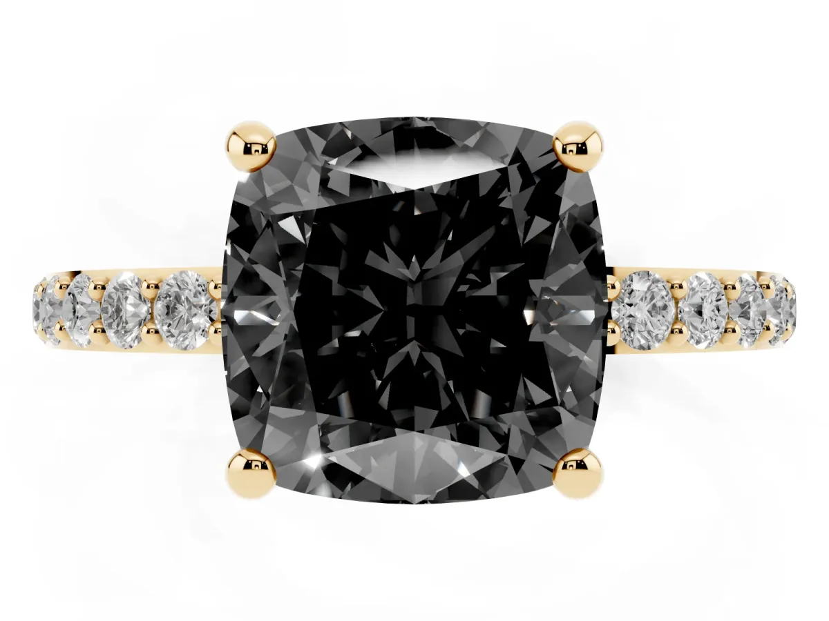 Fancy Black Cushion Cut Diamond Solitaire Ring with Round Pavé Band and Prong Setting Yellow gold