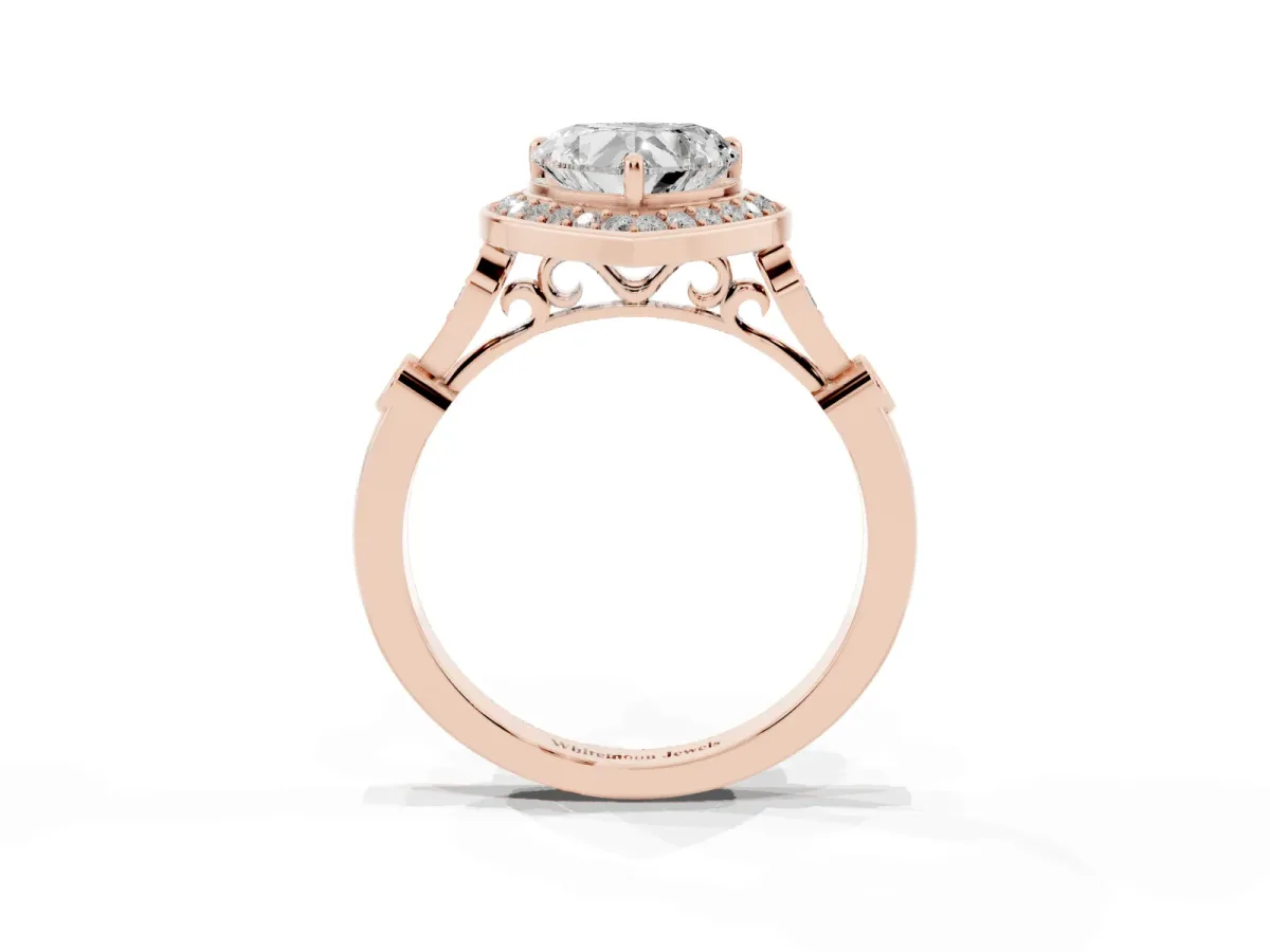 Heart Cut Halo Diamond Engagement Ring with Twisted Band and Four-Prong Setting Rose gold