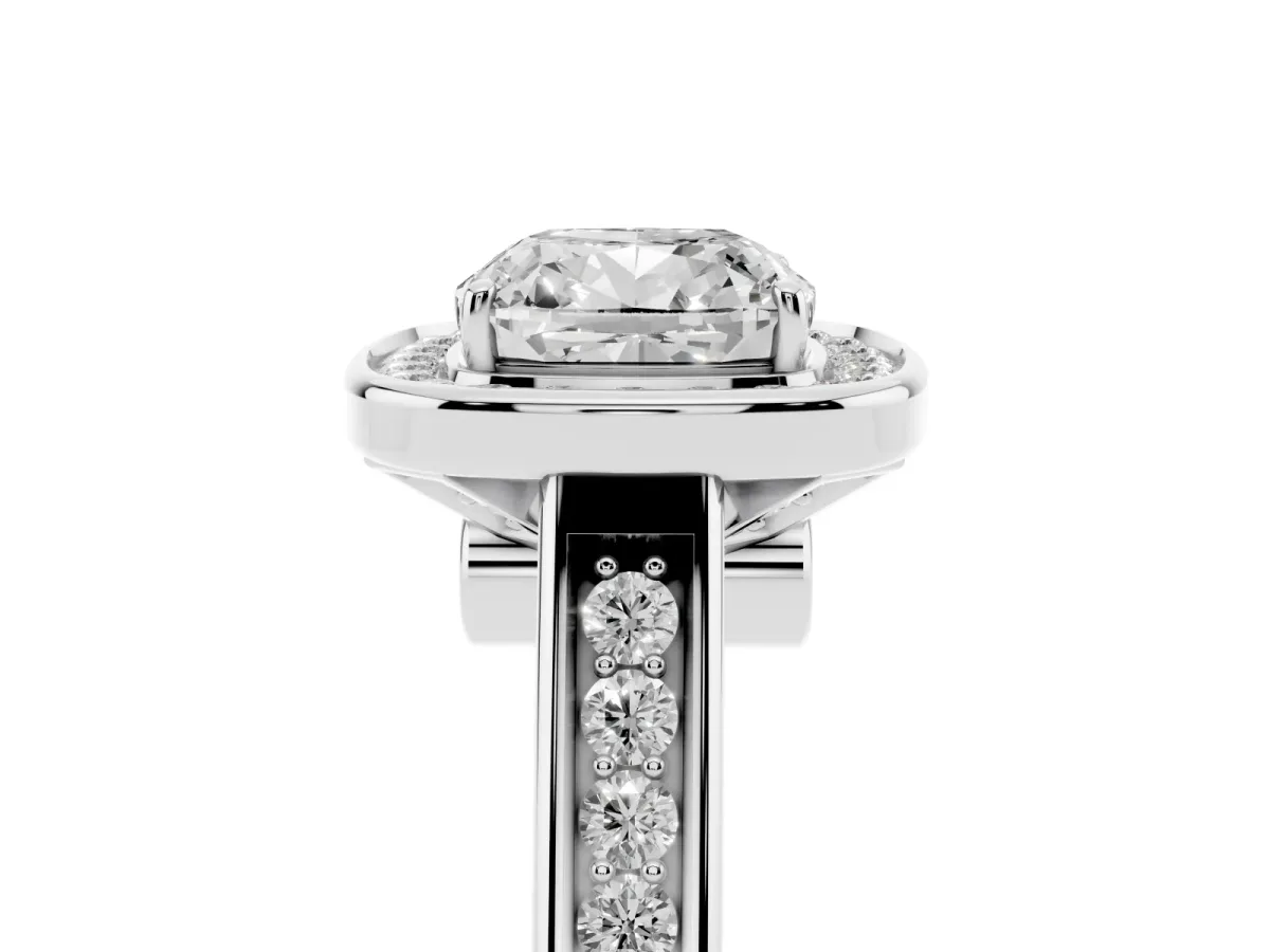 Cushion Cut Halo Solitaire Diamond Ring with Pave Band and Bezel Setting Silver