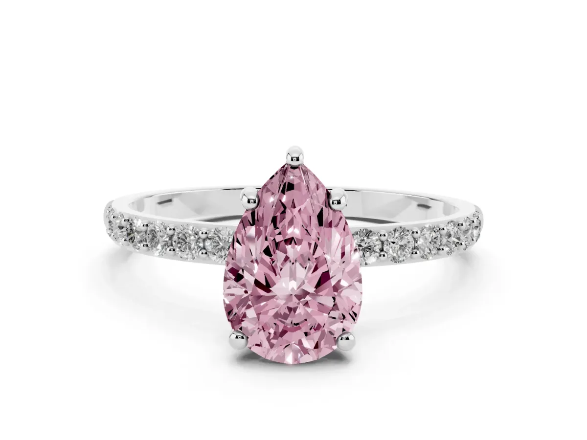 Fancy Pink Pear Cut Diamond Solitaire Ring with Round Pavé Band and Prong Setting Platinum