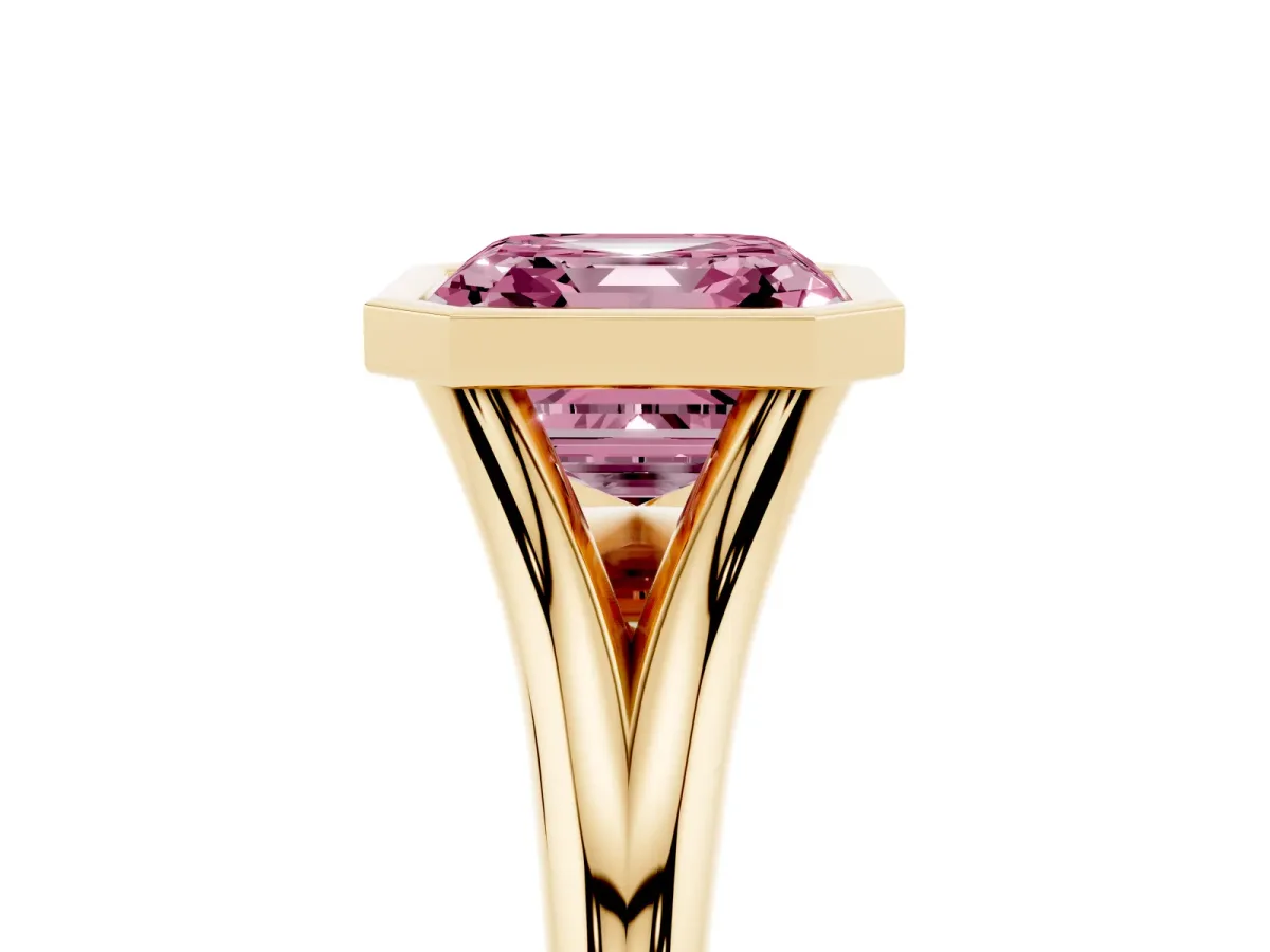 Fancy Pink Bezel Set Asscher Cut Cut Solitaire Ring with Tapered Band Yellow gold