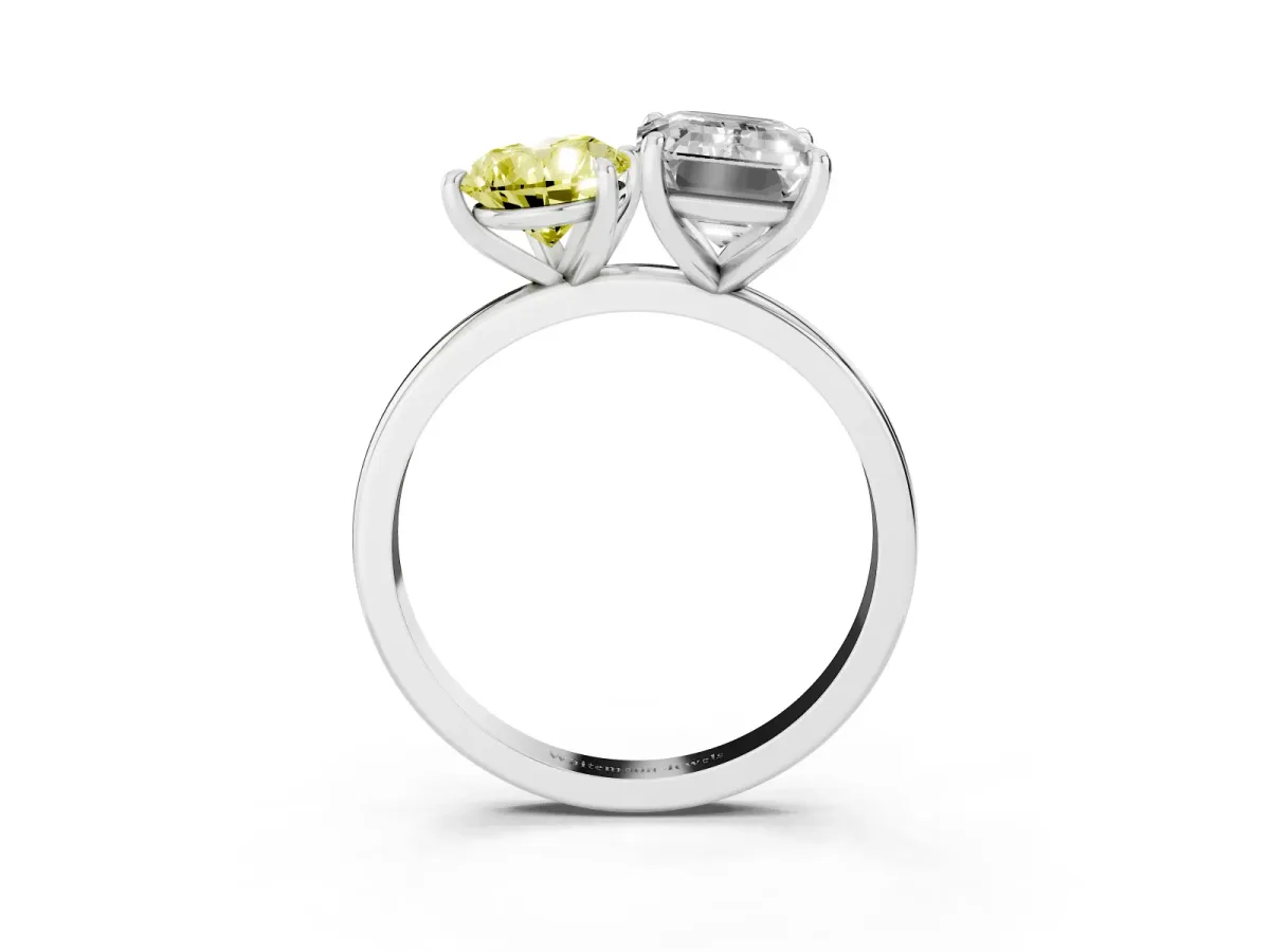 Fancy Yellow Pear Cut and Emerald Cut Toi Moi Ring with Prong Setting Silver