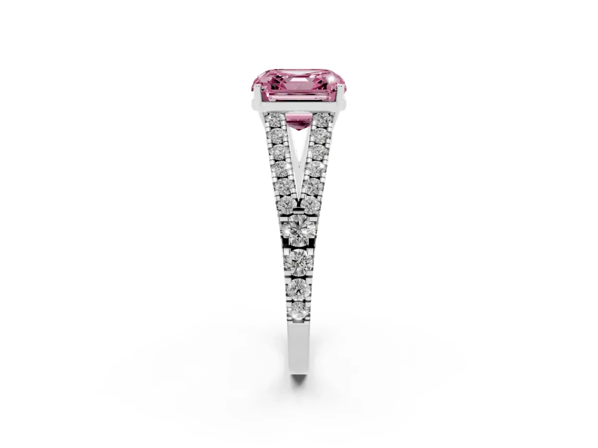 Fancy Pink Asscher Cut Diamond Split Shank Pavé Engagement Ring with Four-Prong Setting Silver