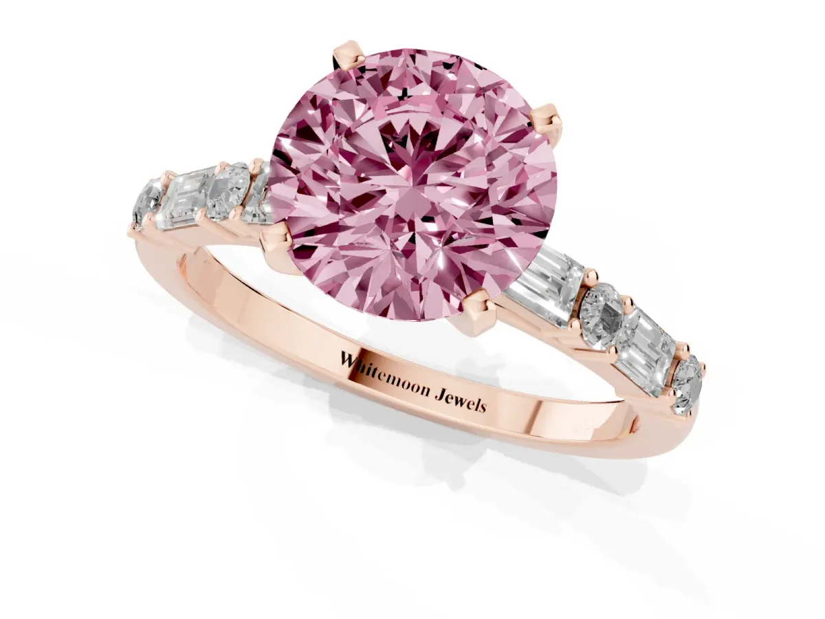Fancy Pink Round Cut Diamond Solitaire with Side Baguettes and Channel Set Band Rose gold