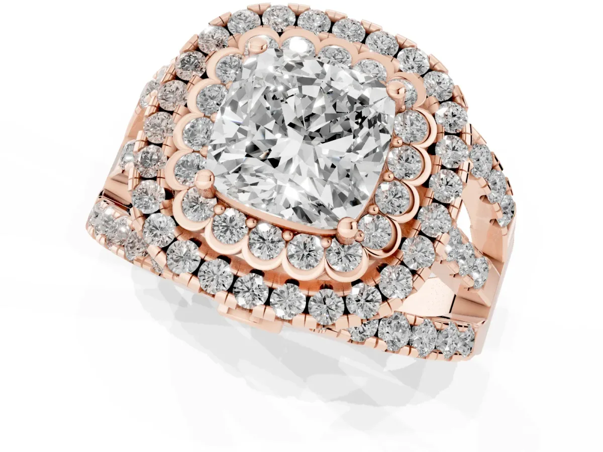 Cushion Cut Diamond Double Halo Ring with Round Pavé Split Shank and Prong Setting Rose gold