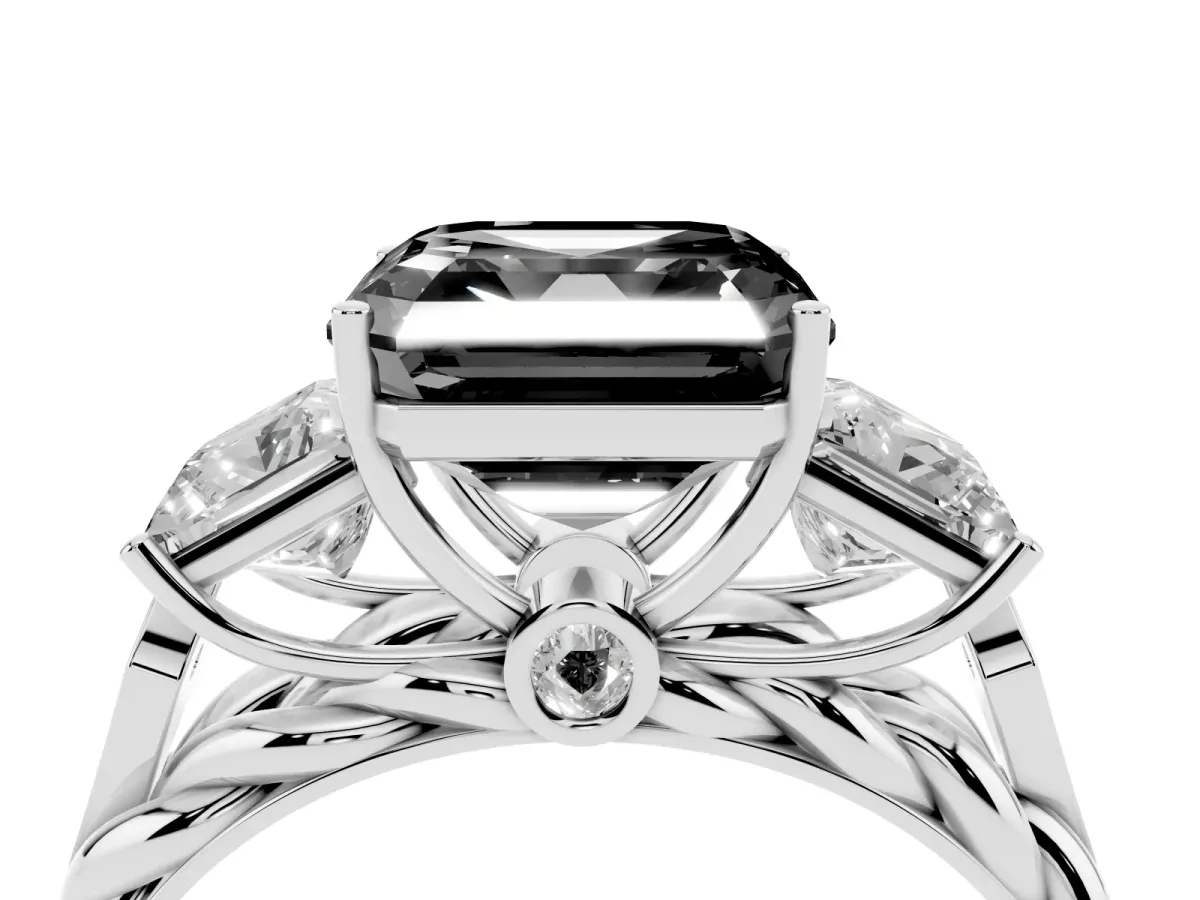Fancy Black Three-Stone Asscher Cut Diamond Braided Band Ring with Four-Prong Setting Silver