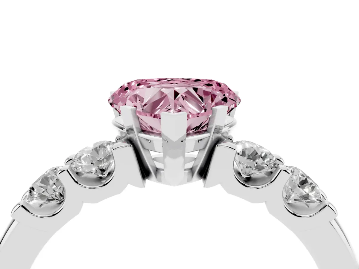 Fancy Pink Heart Cut Brilliant Cut Diamond Five-Stone Prong Set Engagement Ring with Channel Band Silver