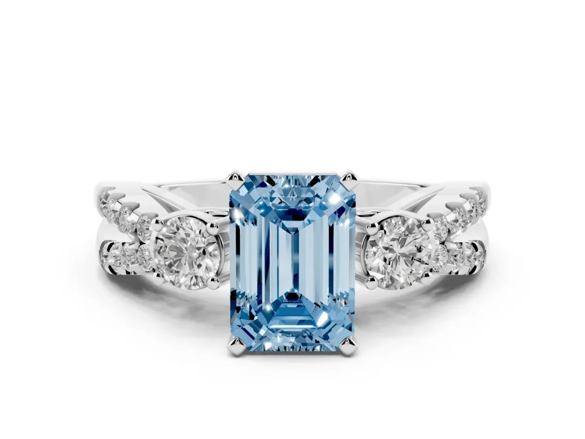 Fancy Blue Emerald Cut Diamond Three-Stone Ring with Pavé Split Shank and Four-Prong Setting Silver