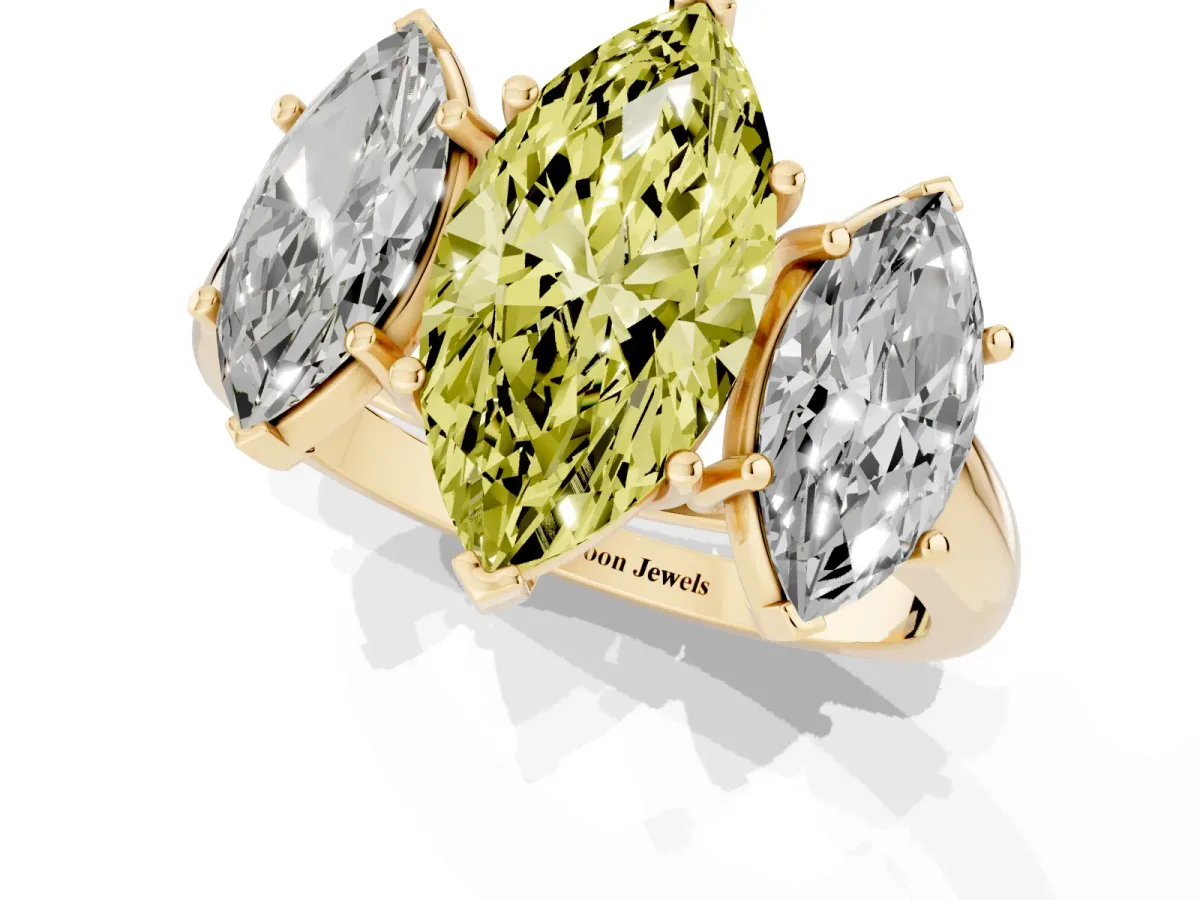 Fancy Yellow Three-Stone Marquise Cut Diamond Engagement Ring with Prong Setting Yellow gold