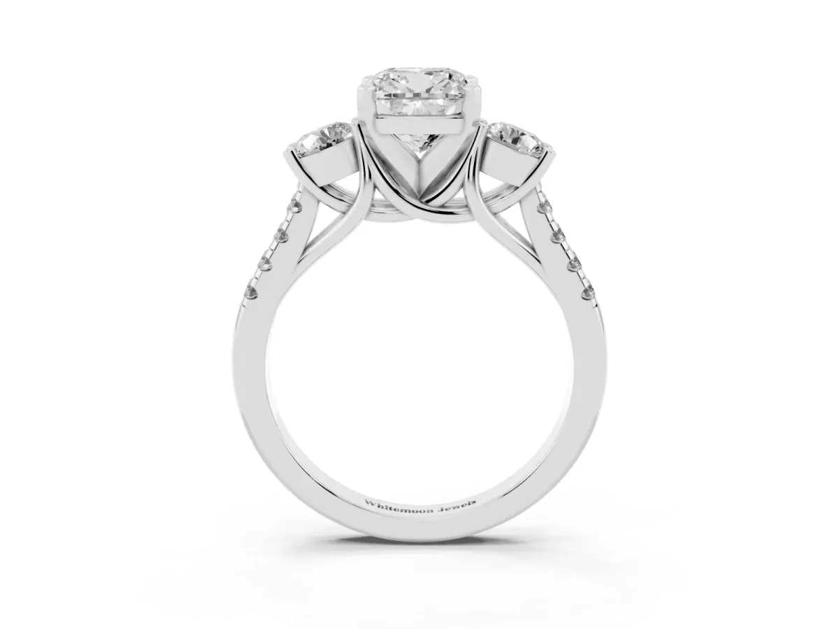 Three-Stone Cushion Cut Diamond Pavé Band with Four-Prong Setting Silver