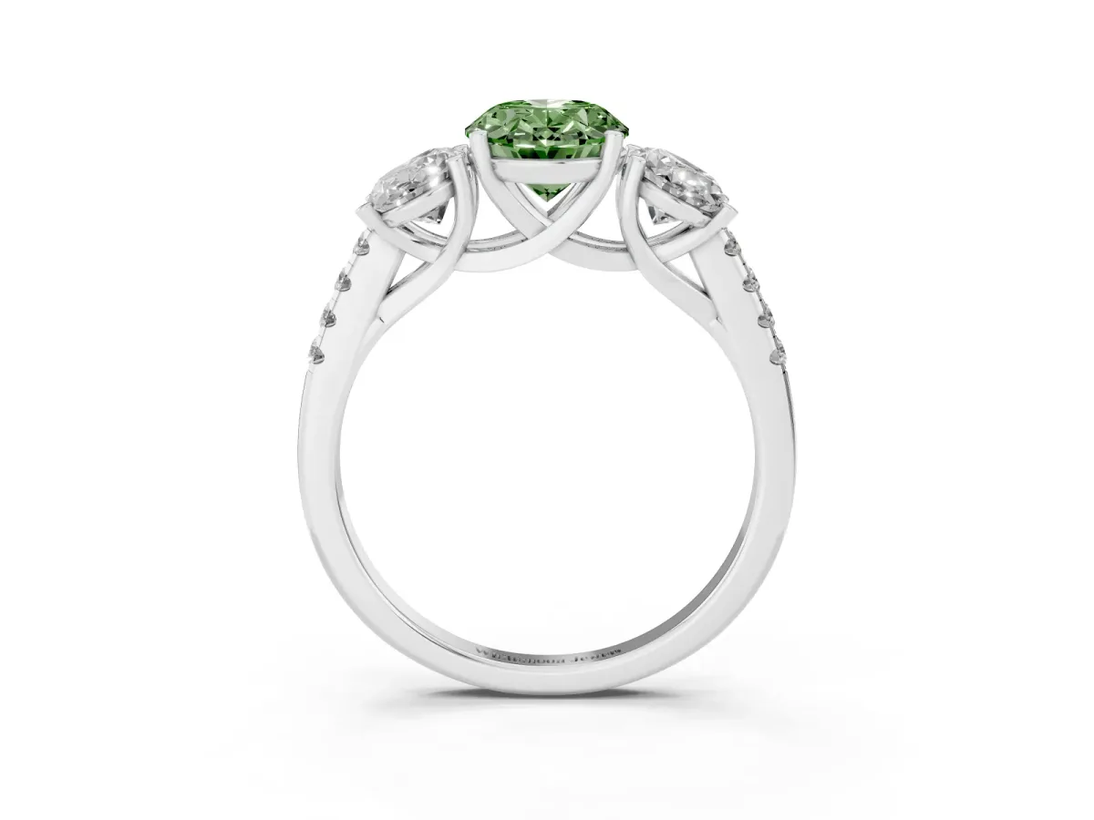 Fancy Green Three-Stone Oval Cut Diamond Ring with Round Pavé Band and Prong Setting Silver