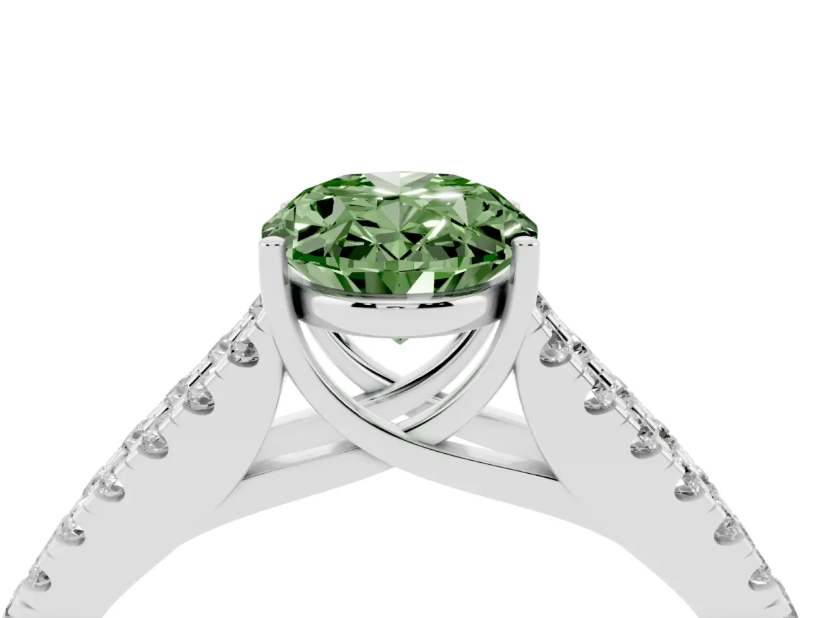 Fancy Green Oval Cut Diamond Split Shank Engagement Ring with Round Pavé and Prong Setting Platinum
