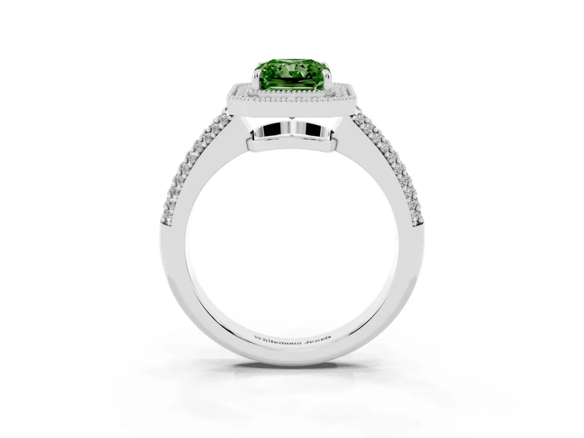 Fancy Green Radiant Cut Cut Halo Diamond Pave Band with Four-Prong Setting Silver