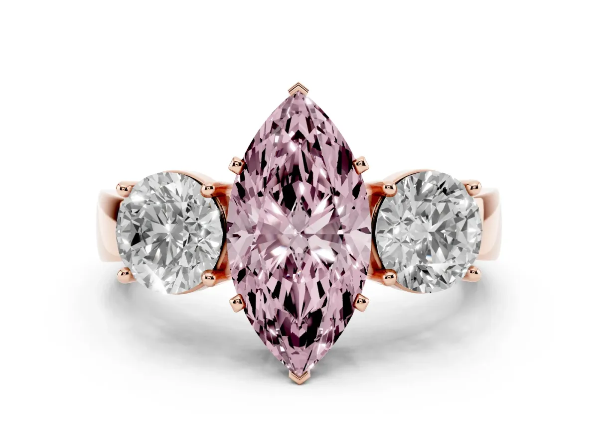 Fancy Pink Three-Stone Marquise Cut Diamond Ring with Round Side Stones, Classic Band, and Four-Prong Setting Rose gold