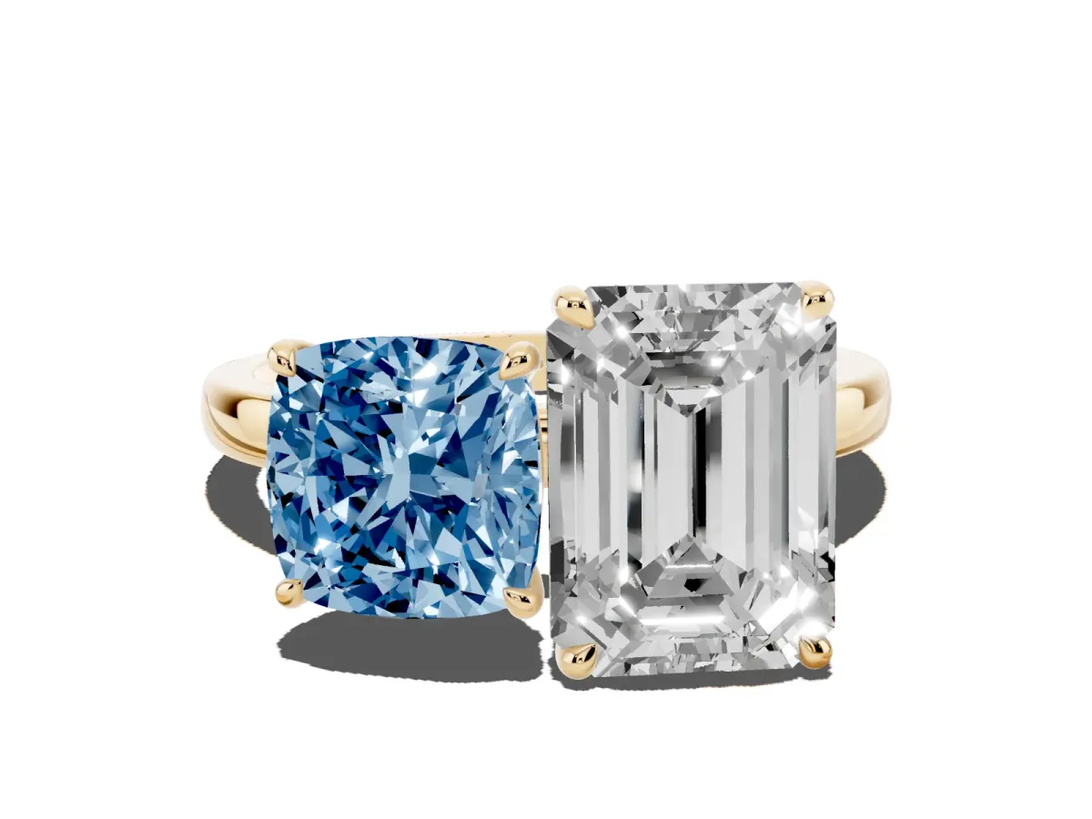 Fancy Blue Cushion Cut and Emerald Cut Toi Moi Ring with Prong Setting Yellow gold