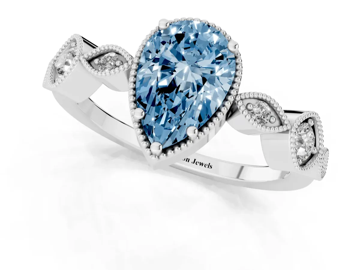 Fancy Blue Pear Cut Diamond Vintage Milgrain Ring with Round Stations White gold
